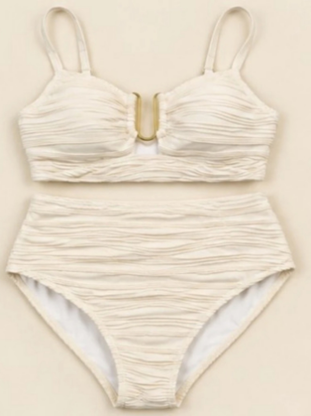 Ruched Ribbed Bikini Set in Cream Size Medium
